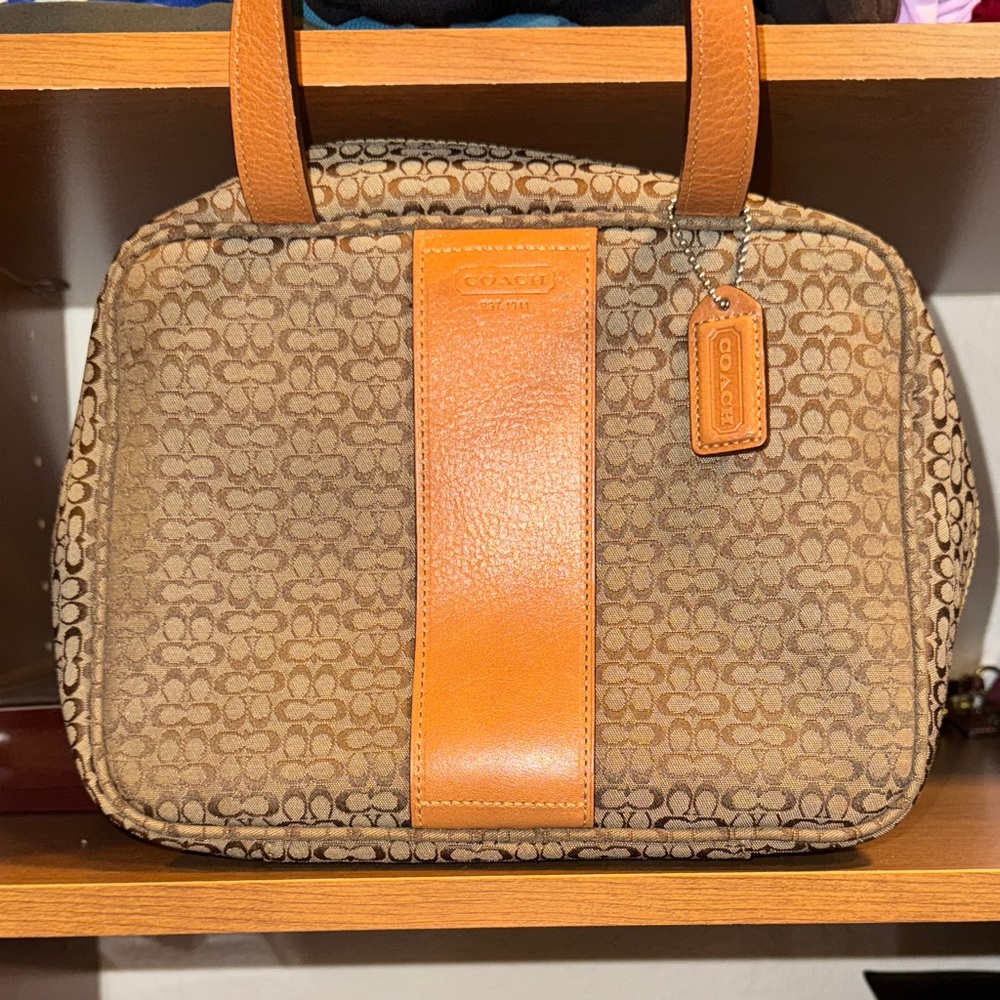 Coach Brown and Tan Signature Shoulder Bag